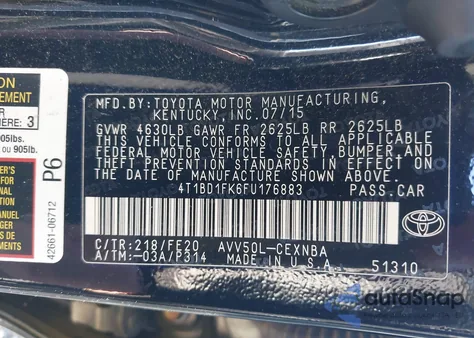 2015 Toyota Camry Hybrid Le из США, поврежденный, VIN 4T1BD1FK6FU176883